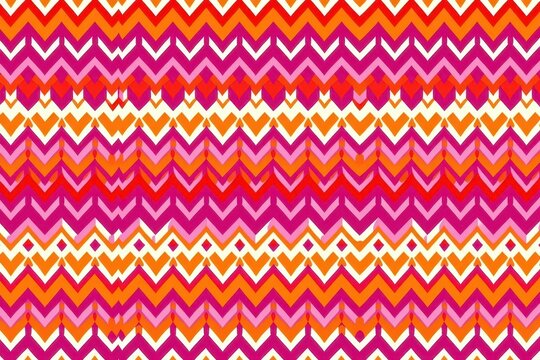 A tribal geometric seamless pattern featuring dense, repeating rows of sharp, interlocking zigzag stripes in vibrant magenta, orange, and white.