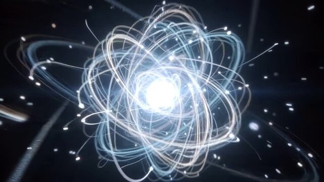Atomic Orbitals: An abstract representation of atomic orbitals, showing the swirling energy and complex structure of subatomic particles in a dynamic, luminous display.