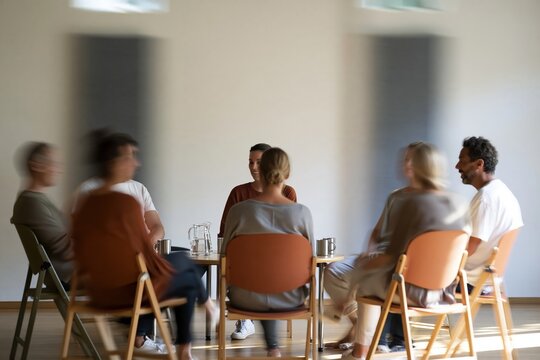 Peer support group sitting in a circle of olive and clay chairs, a soft blurry scene for mental health and wellbeing concepts