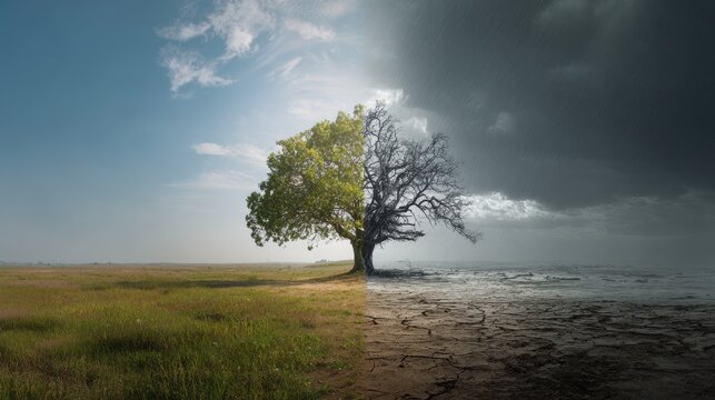 A single tree splits into a vibrant green half and a withered dead half. A conceptual metaphor for.