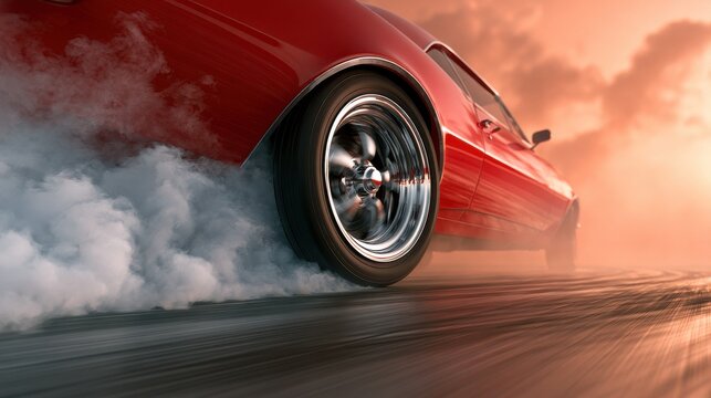 Red vintage muscle car doing a burnout, creating tire smoke on a track.