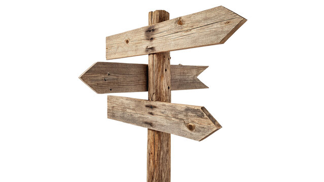 Vintage wooden arrow signpost directional sign on transparent background