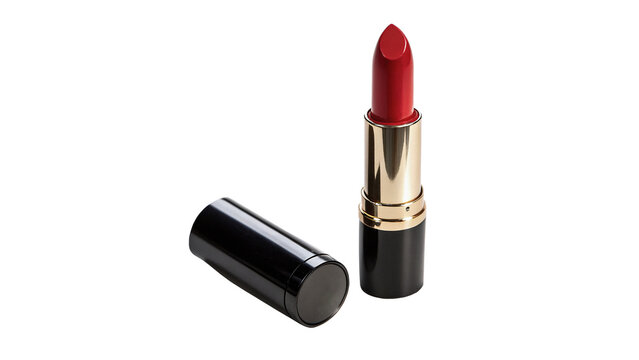 Open tube of bright red luxury lipstick isolated on transparent background