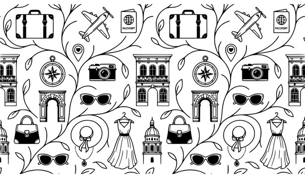 Elegant Travel Architecture Fashion Lifestyle Seamless Vector Pattern