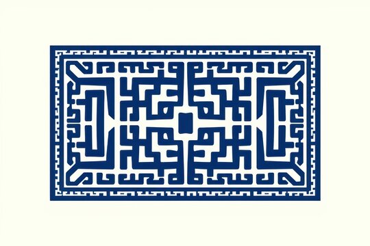 A geometric tribal border design of repeating interlocking Greek key motifs creating a continuous intricate maze pattern terminating in sharp fangs in bold navy and white.