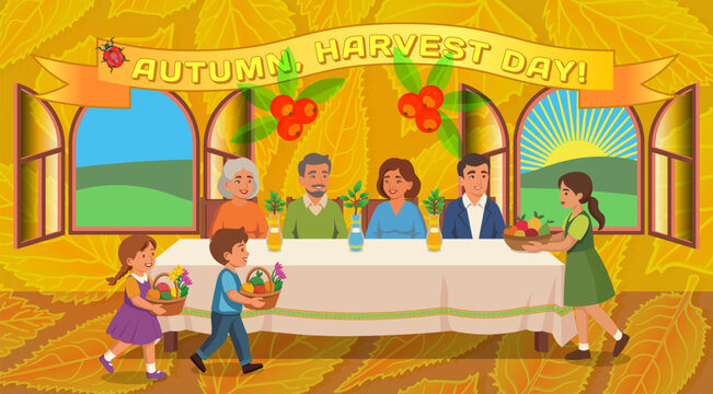 Bright festive golden vector cartoon poster. Autumn. Harvest Day. Adult men and women, sitting at large, long table. Opening casements. Cheerful children are bringing baskets of produce. Yellow leaves
