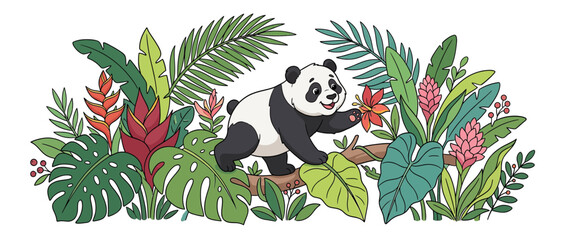 Cute cartoon panda in lush jungle foliage © Panu