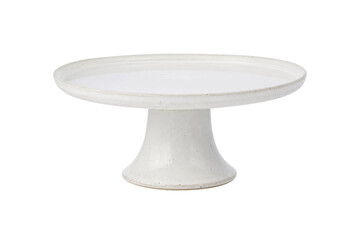 Elegant white ceramic cake stand with a smooth glazed finish and subtle texture on a clean...