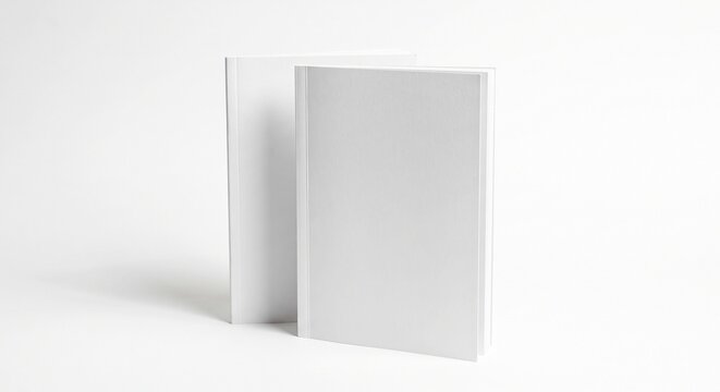 Two vertical blank white softcover brochures standing upright on a minimalist white studio background with soft shadows.