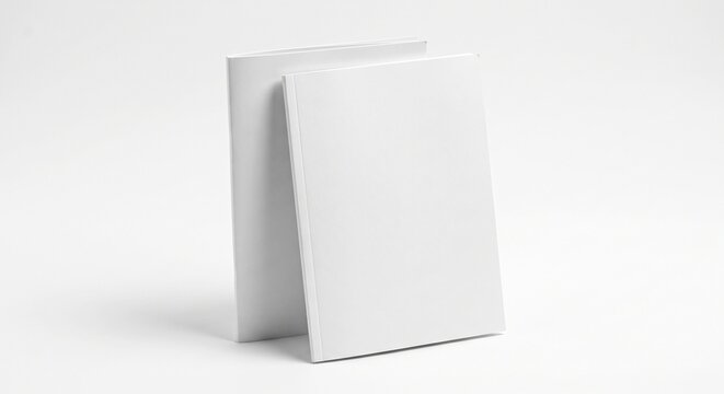 Two vertical blank white matte brochure mockups standing upright against a clean studio background with soft realistic shadows.