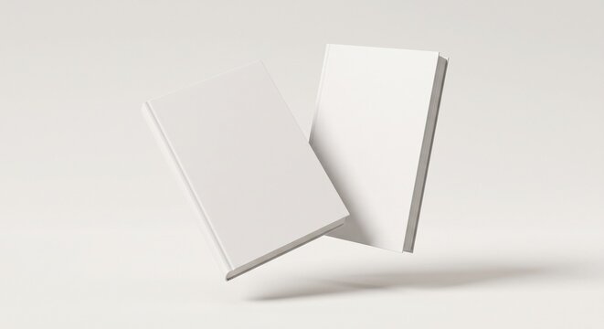 Two blank white softcover paperback books levitating against a minimalist neutral gray studio background.