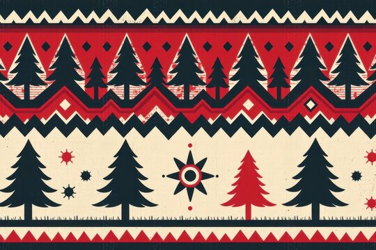 A geometric tribal border pattern featuring alternating thick and thin jagged chevron lines with abstract pine tree motifs in vivid crimson and charcoal.