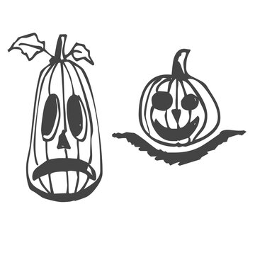 Hand drawn black and white Halloween pumpkin doodles set featuring tall lantern and round jack o lantern isolated on white background.