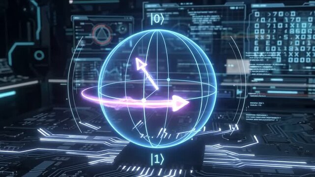 Quantum Computing Sphere: A futuristic holographic sphere visualizing quantum states with intricate data streams and circuits, representing the cutting edge of computational science.