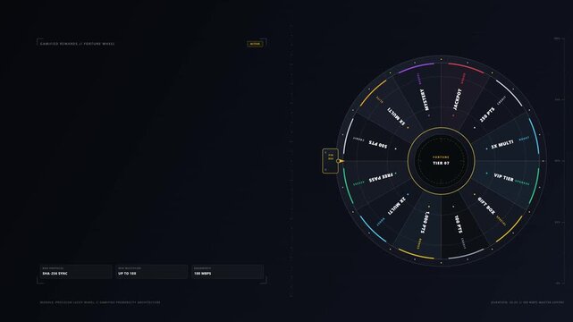 Gamified minimalist lucky wheel animation with reward segments, spinning prize indicators and interactive design, loyalty motion graphic with Open Copy Space Area for branding or promotional text
