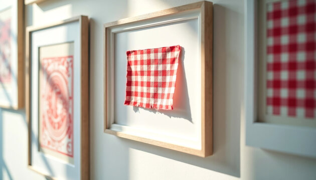 Framed red and white checkered cloth displayed on a wall among other framed artworks, showcasing a modern interior design aesthetic with natural light