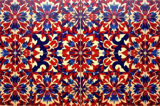 A Moroccan zellige tile pattern with a complex interlacing geometric grid of stars and hexagons in bright festive red and deep plum.