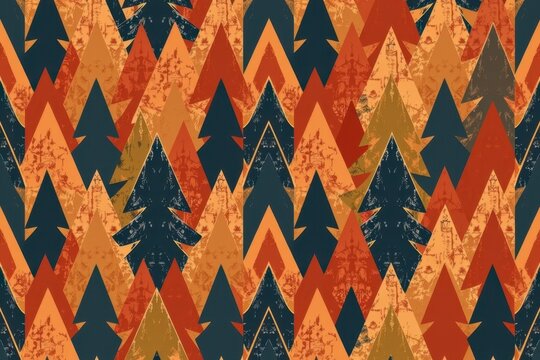 A tribal geometric seamless pattern featuring interlocking stepped frets and bold triangles resembling a forest of abstract pines in terracotta, ochre, and charcoal.