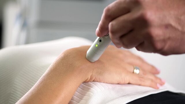 Physiotherapist applying therapeutic ultrasound to a patient&rsquo;s wrist during a rehabilitation session focused on recovery, pain management, and improved joint mobility.