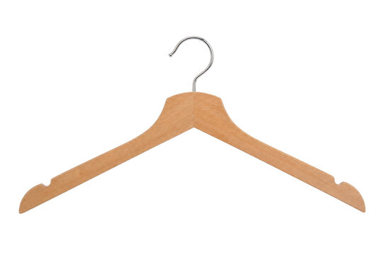 Light brown wooden clothes hanger with a shiny metal hook is centrally placed on a clean white background