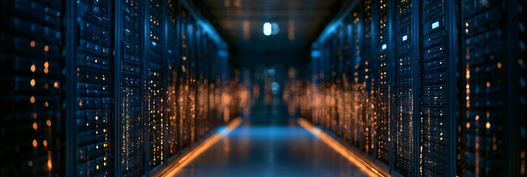 Symmetrical perspective view of a massive supercomputing server infrastructure room