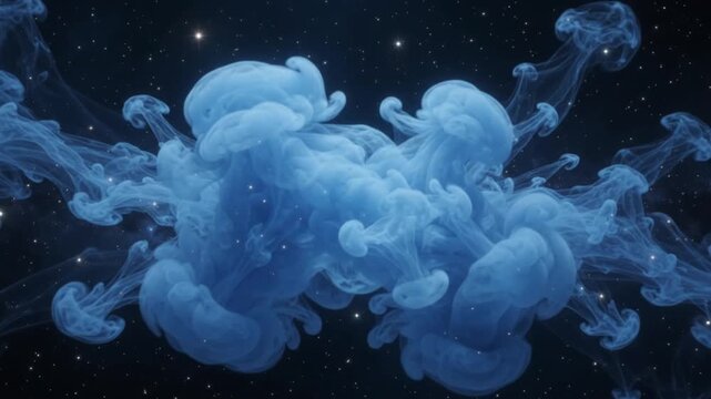 Blue ink spreading through liquid to create surreal galaxy motion effect captured in high definition video for artistic visual backgrounds