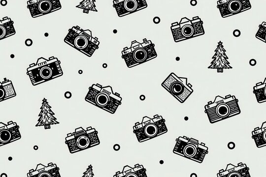 A whimsical line art doodle pattern of scattered, hand drawn vintage cameras flashing at Christmas trees in fine black linework on a light grey background.