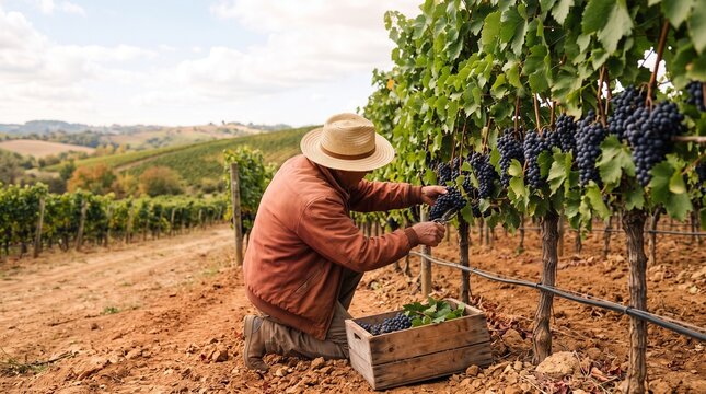 Grape picker harvesting ripe grapes in a vineyard wearing a straw hat  