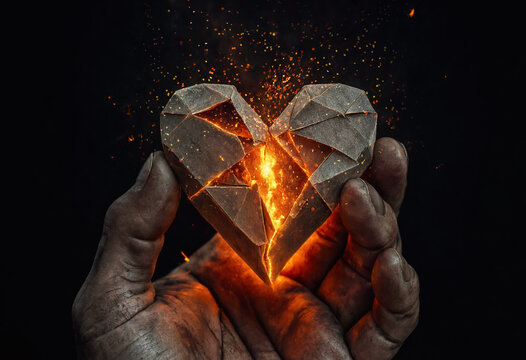 Closeup weathered hand holds a cracked geometric origami heart glowing with fierce inner fire and flying sparks. Hot embers burst from the core, symbolizing passion and burning emotions