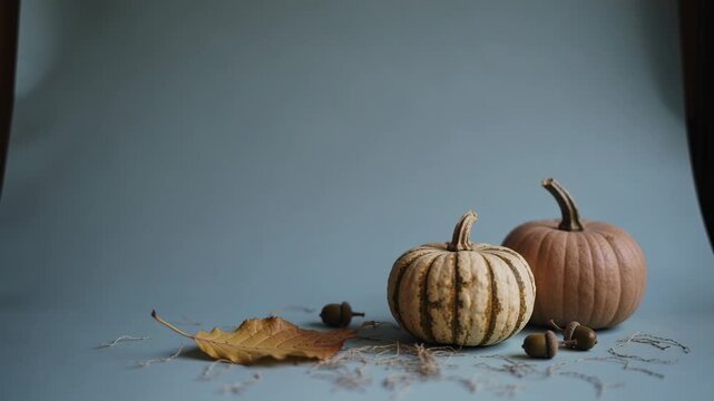 Drifting brown leaf entering frame upper-left, passing studio tabletop toward pumpkins, copy space
