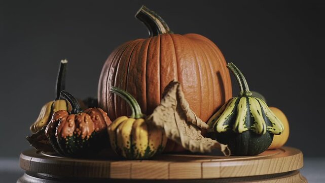 Turning round base carrying large orange pumpkin and bumpy gourds on studio table