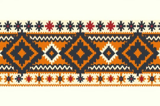 A geometric tribal border pattern of thick, interlocking zigzag lines and bold diamonds resembling a festive Fair Isle sweater in ochre, rust, and charcoal.