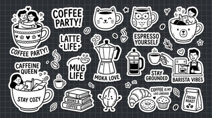 Fototapeta premium Coffee Lover Sticker Set with Cute Doodles, Barista Quotes, and Caffeine Themed Illustrations in Black and White Line Art