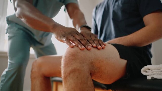 Placing hands clinician in teal scrubs palpating and mobilizing right knee at clinic for assessment