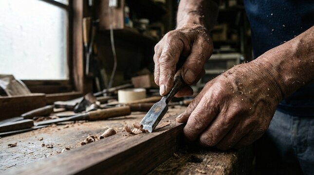 Skilled carpenter's hands meticulously carving wood with a chisel.. Generative AI