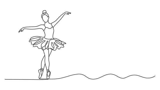 Continuous single line drawing of a ballerina dancing in a classic tutu dress