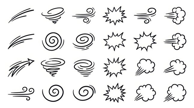 Set of Hand Drawn Comic Speed Lines, Wind Swirls, Explosion Bubbles, and Smoke Effects for Manga and Cartoon Design