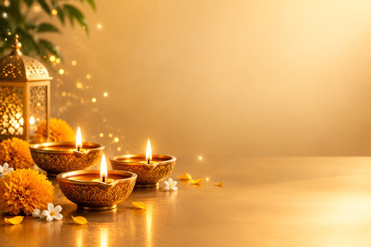 Traditional diwali background with burning oil lamps decorative lantern marigold flowers