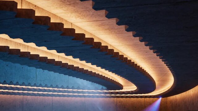Sliding camera revealing curved stepped concrete ribs in lobby, to emphasize amber and purple light