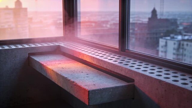 Catching concrete ledge absorbing sliding sunrise light through glass in highrise corner with mist