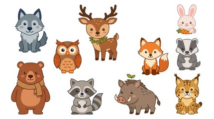 Fototapeta premium Cute Forest Animals Collection - Kawaii Woodland Creatures Vector Illustration Set for Kids and Nursery Decor