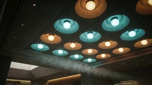 Drifting horizontal plume of mist, triggered by vent airflow, thinning under hotel ceiling lights