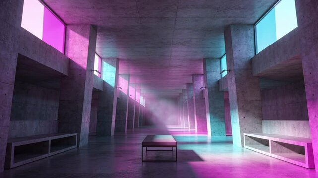 Haze drifting forward, colonnade with central bench revealing magenta and cyan window reflections
