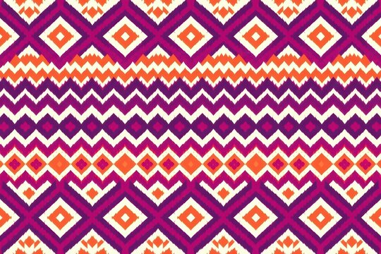 A tribal geometric seamless pattern featuring dense, repeating rows of sharp, interlocking zigzag stripes resembling a Nordic winter knit in vibrant magenta, orange, and white.