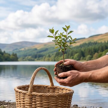 Hand holding a small tree sapling by a lake with wicker basket  