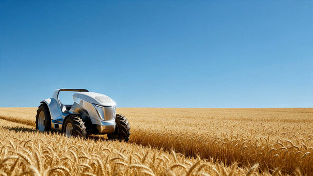 A futuristic automated farming vehicle implements advanced Precision Agriculture Robotics techniques across a golden wheat field under vast blue sky on bright day