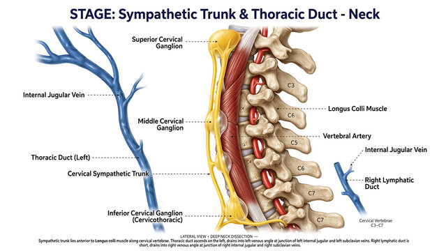 This image shows a lateral anatomical diagram of a deep neck dissection, revealing the location of the cervical sympathetic trunk, which is situated anterior to the longus colli muscle.