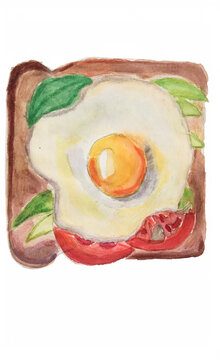 Watercolor illustration of a sandwich with fried egg and tomatoes isolated on a transparent background.,