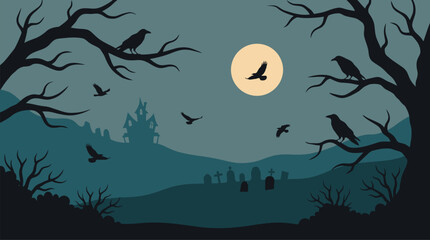 Fototapeta premium A spooky halloween background vector featuring a full moon silhouettes of creepy trees and flying crows in a dark night