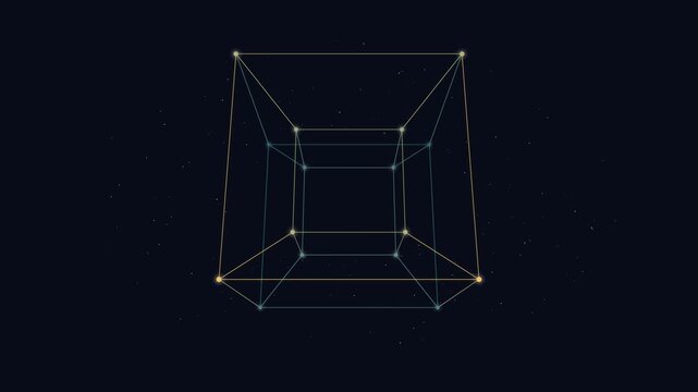 3D wireframe cube rotating in space with digital grid background